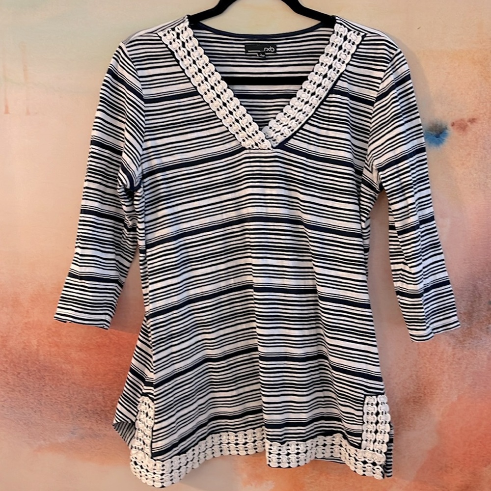 RXB Top 3/4 Sleeves 100% Cotton Navy/White Size Large